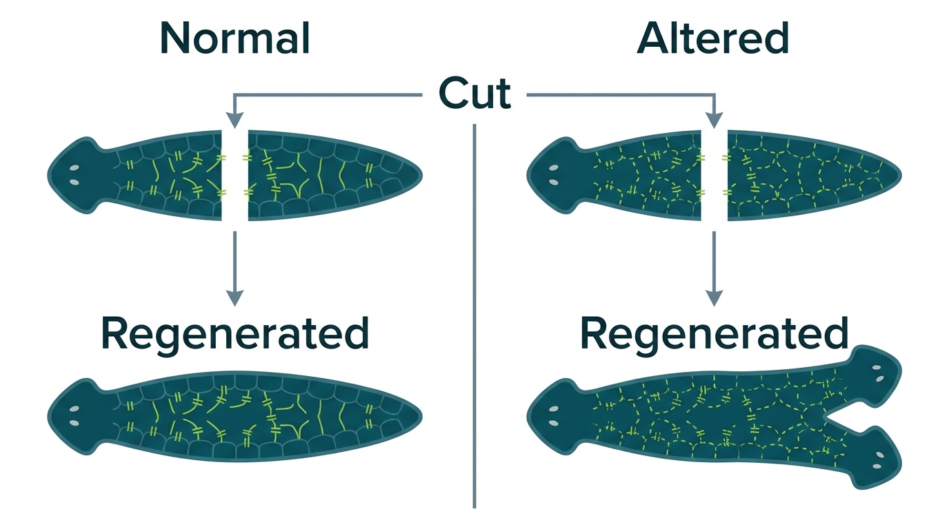 Two planarian flatworms regenerating different body plans from the same cut — one with normal gap junction coupling regenerating a single head, one with altered coupling regenerating a different form.