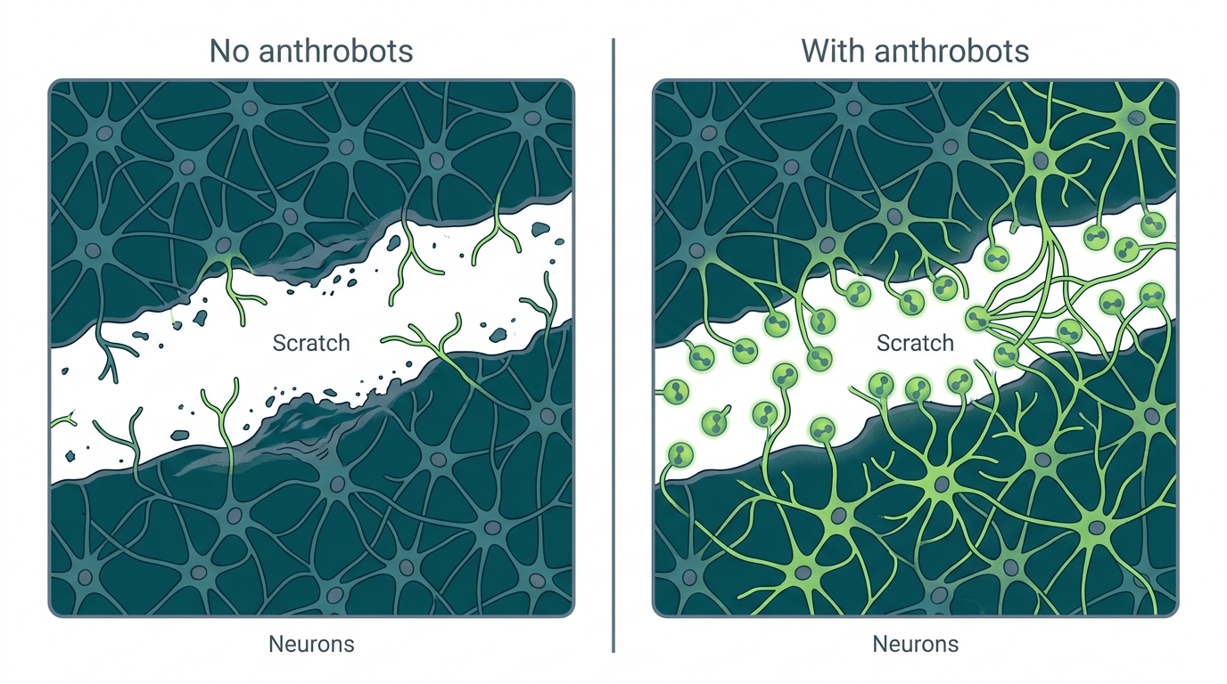 Two-panel diagram showing scratched neuron layer without anthrobots healing slowly on the left, and same scratch healing faster with anthrobots present on the right.