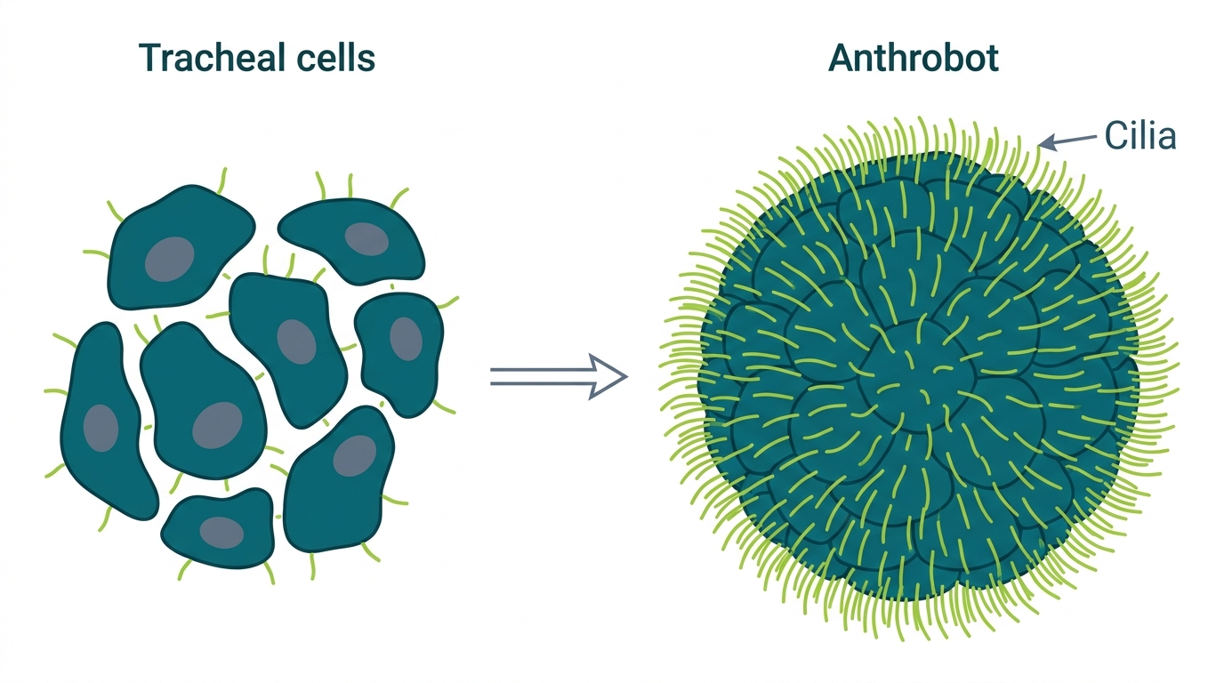 Diagram showing adult human tracheal cells aggregating into a spherical anthrobot covered in cilia, with scale bar.