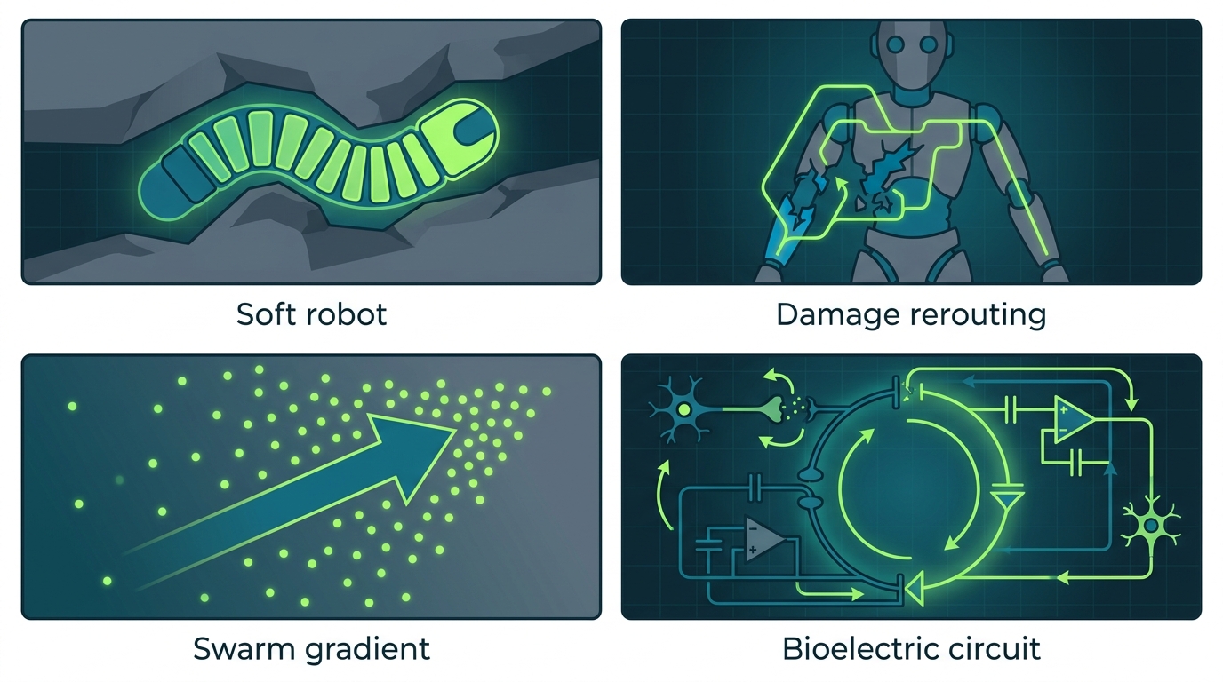 Four-panel grid showing soft robot navigating obstacles, damaged robot rerouting locomotion, particle swarm following a chemical gradient, and bioelectric circuit inspired by cellular signaling.
