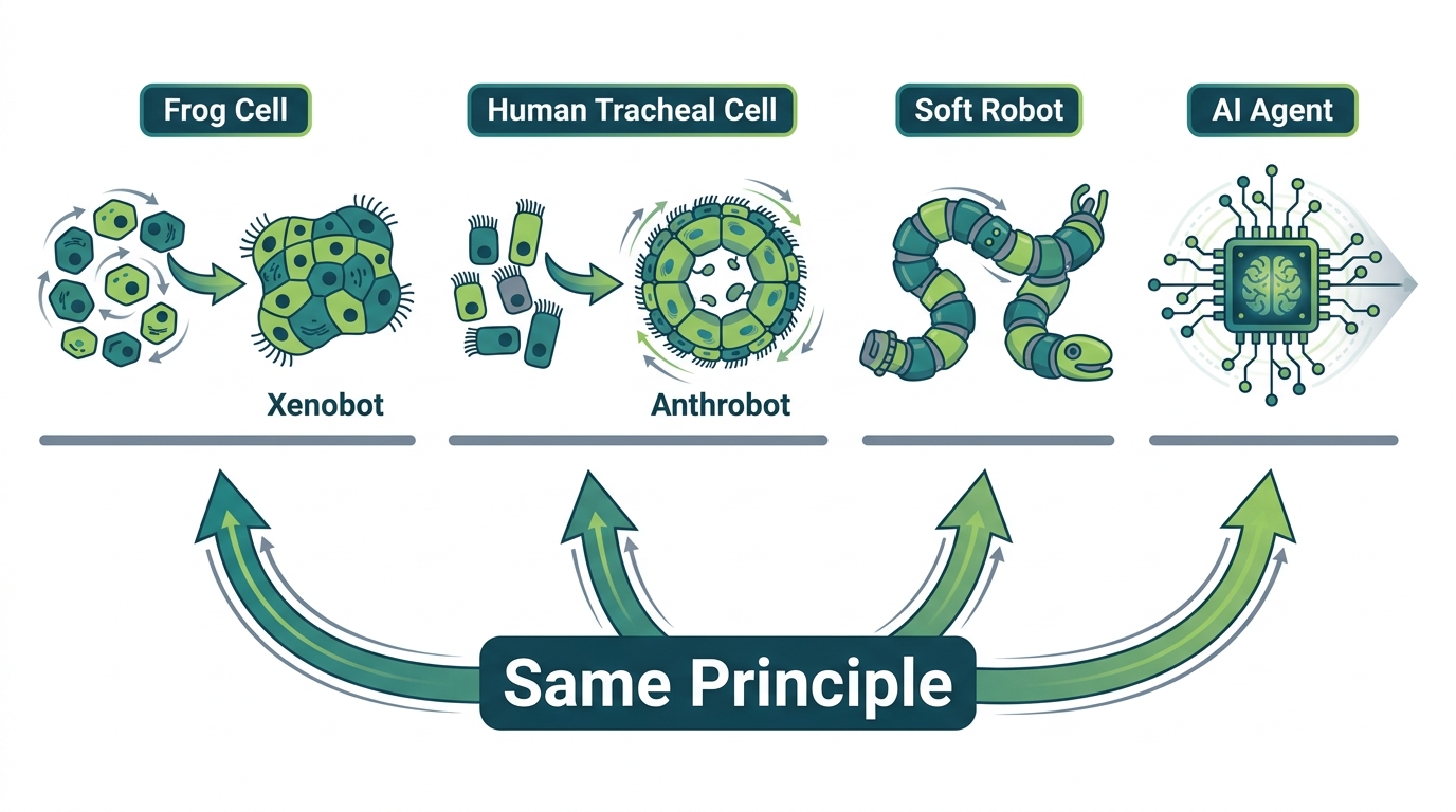 Chapter overview infographic summarizing substrate independence, xenobots, anthrobots, latent morphospace, and the AI connection.