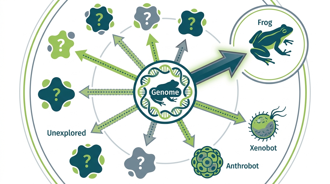 Diagram showing a genome at center with arrows pointing outward — one arrow labeled "frog" is thick and evolutionary, while many thinner dotted arrows point to unexplored body forms including "xenobot" and "anthrobot."