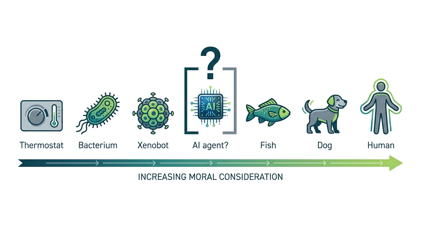 A horizontal continuum from left to right labeled with increasing moral consideration — thermostat, bacterium, xenobot, fish, dog, human — with a question mark and "AI agent" placed somewhere in the middle as an open question.