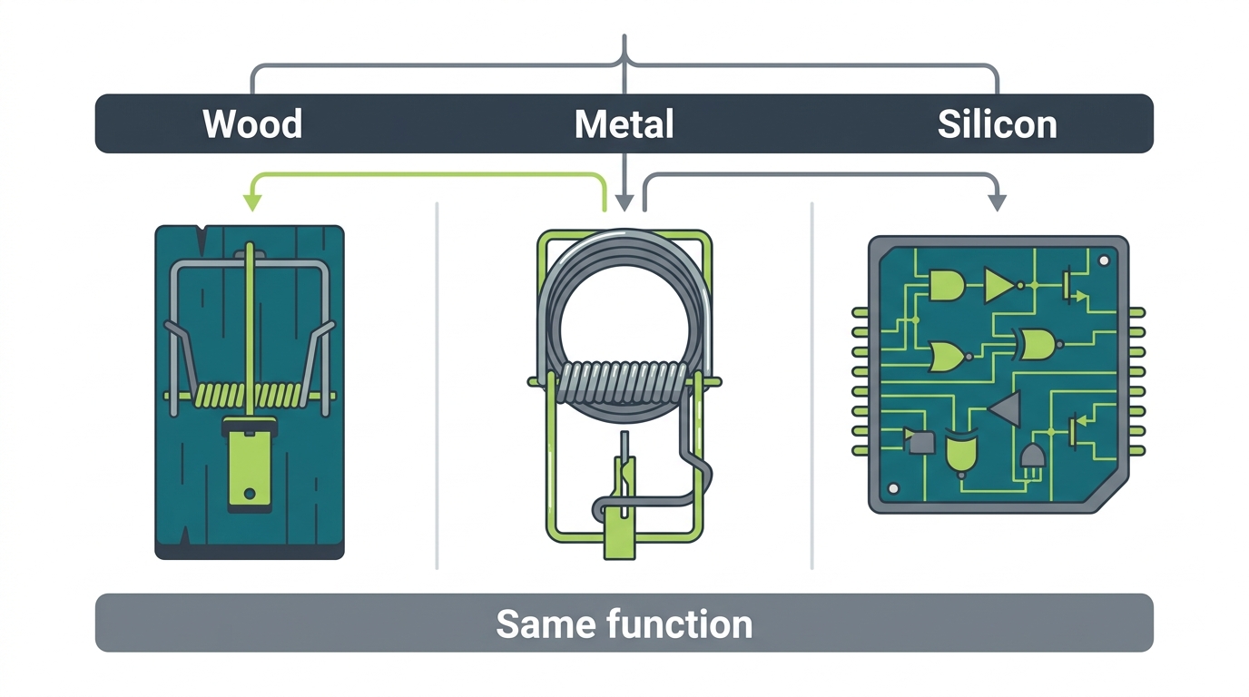 Three columns each showing a different physical substrate — wood mousetrap, metal mousetrap, silicon chip — all connected by a single label "mousetrap function," illustrating multiple realizability.