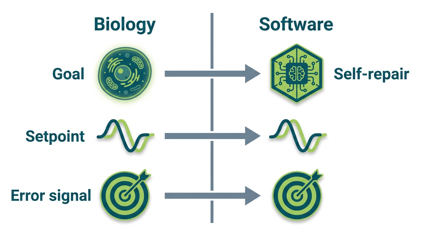 Two-column table comparing biological principles to software agent equivalents — goal on left matched to objective function on right, error signal to loss or deviation metric, setpoint to target state, self-repair to retry and fallback logic.