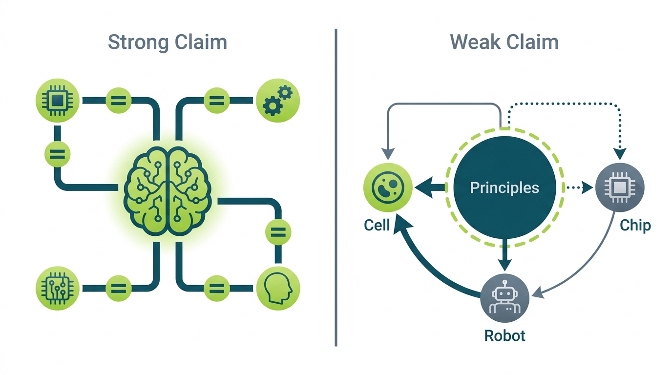 Two panels — left labeled "Strong Claim" shows any medium equated with cognition; right labeled "Weak Claim" shows organizational principles spanning multiple substrates with different degrees of suitability.