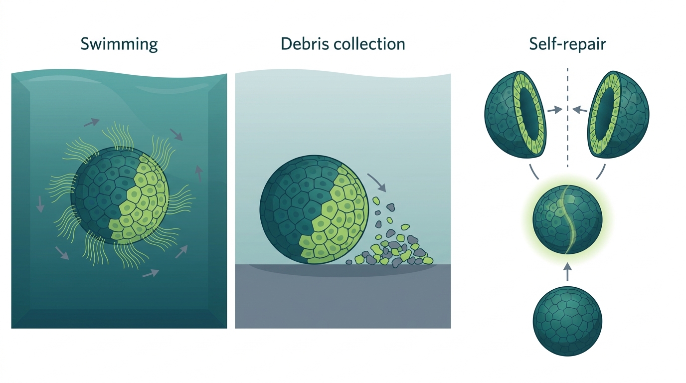 Three-panel diagram showing xenobot swimming with cilia, collecting debris into a pile, and self-repairing after being cut.