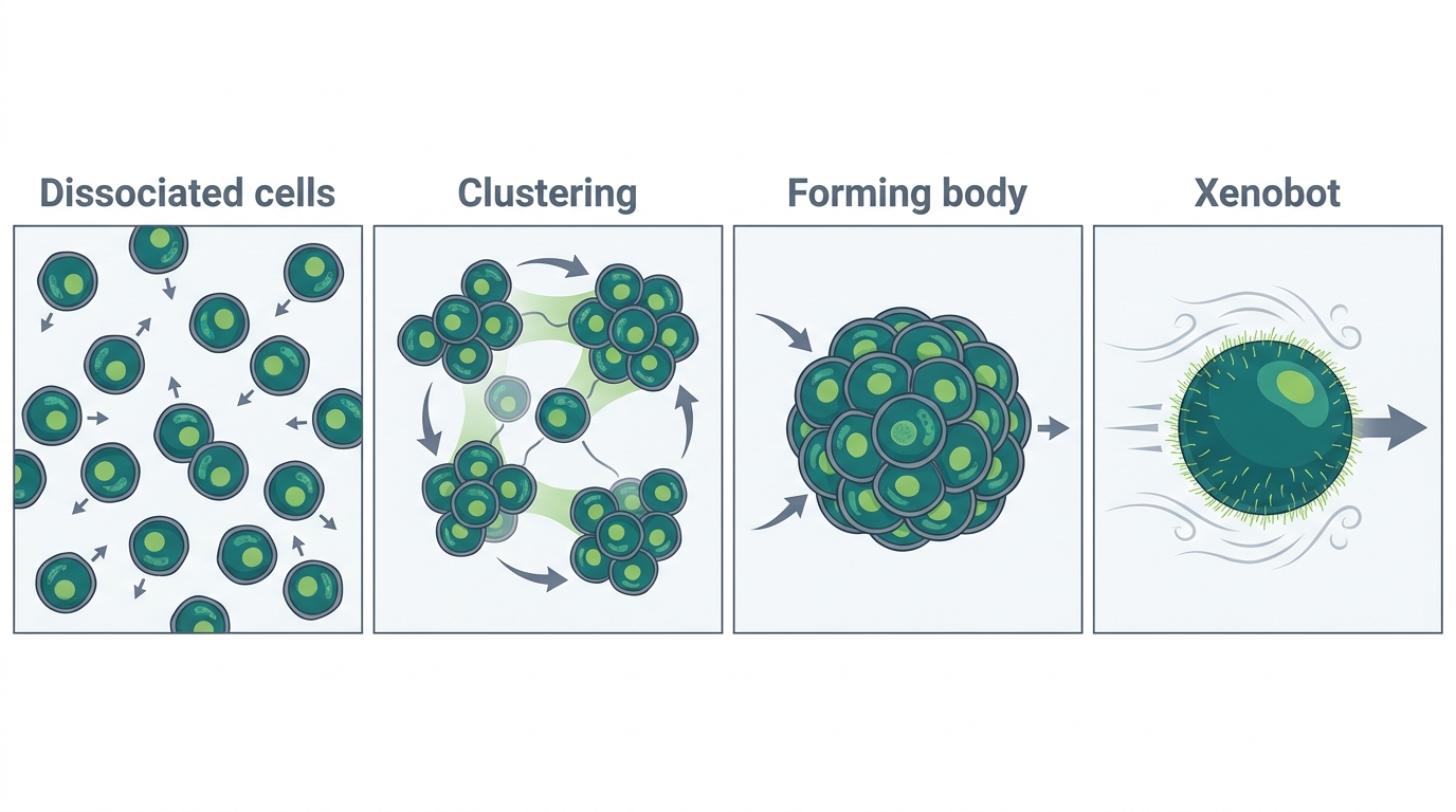 Four-panel sequence showing dissociated frog skin cells, early aggregation, forming a rounded multicellular body, and the final swimming xenobot.