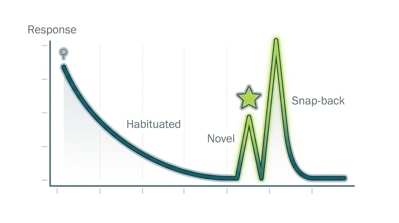 Graph showing a habituated low response, then a sudden high response after a novel strong stimulus, then the original habituated stimulus presented again at elevated response.