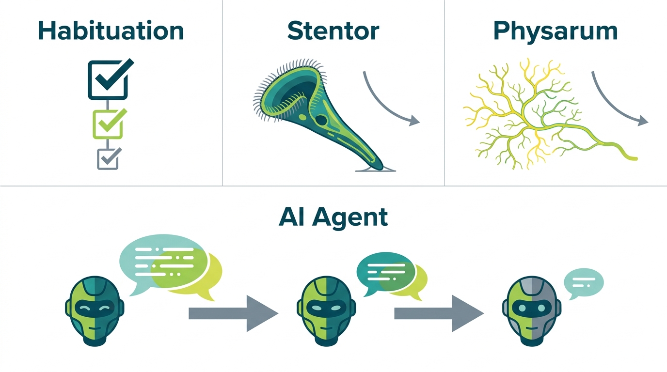 Chapter overview infographic showing habituation as the simplest form of learning, the Rankin criteria, single-cell examples, and the AI agent protocol.