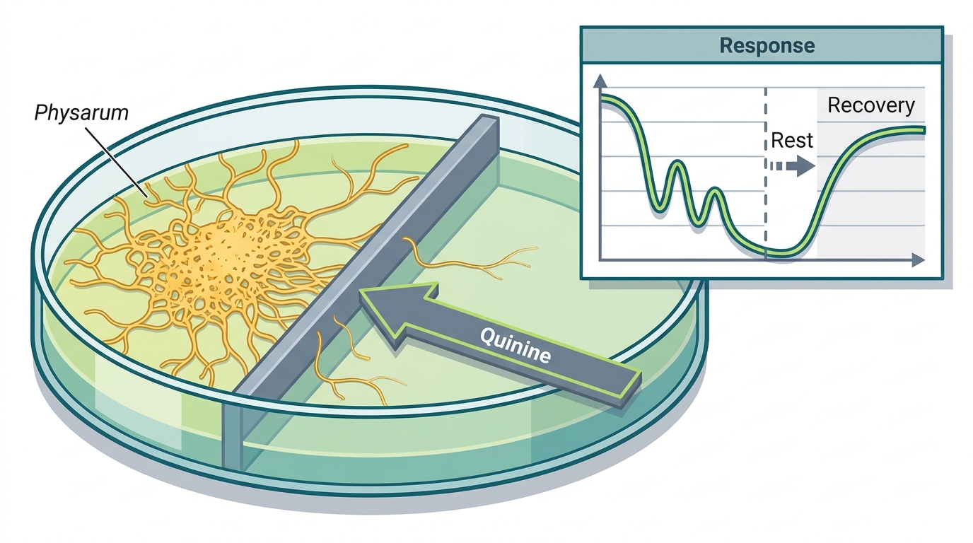 Physarum polycephalum encountering a quinine barrier, showing response decline over repeated exposures and recovery after a rest interval.
