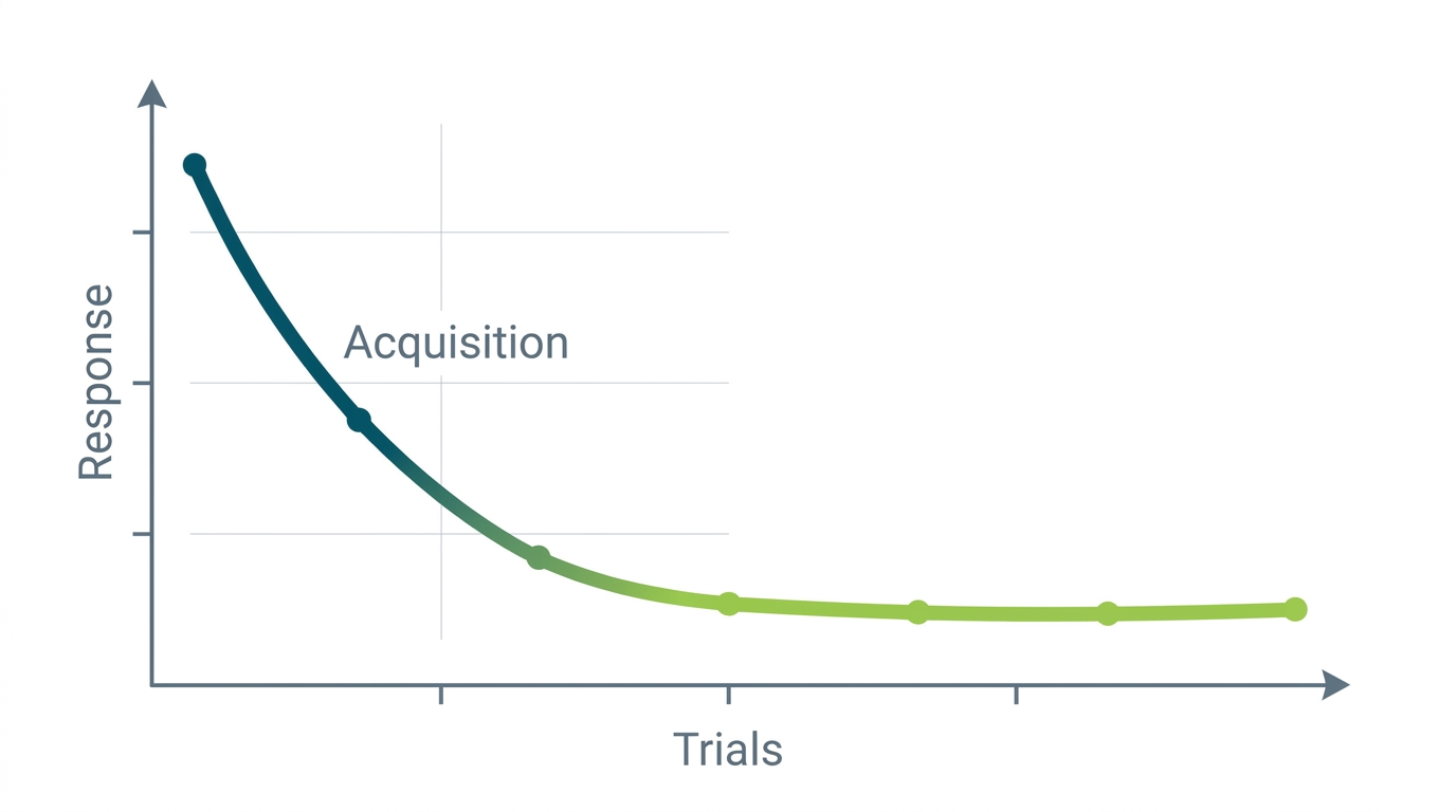 Response strength curve declining across trials, showing the characteristic negative exponential shape of habituation.