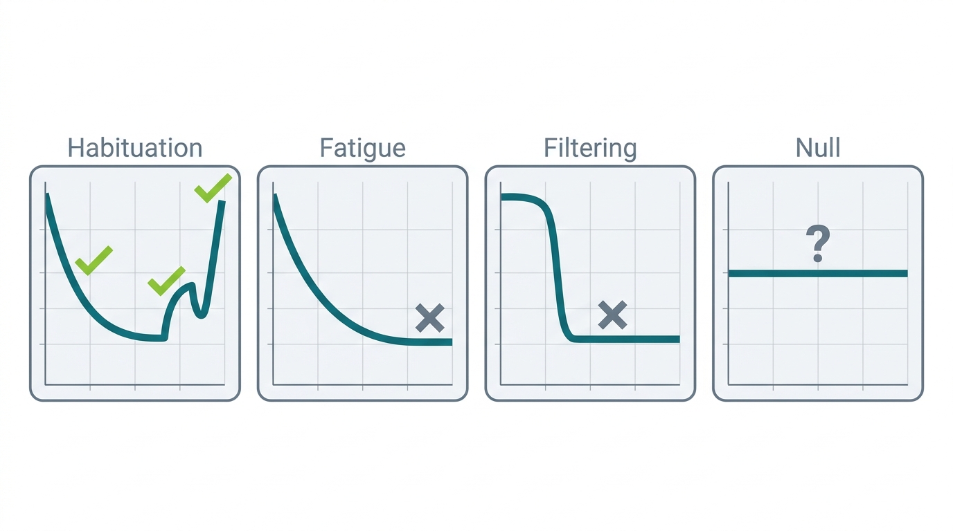 Four predicted result patterns across the three phases, showing habituation, fatigue, filtering, and null result curves.