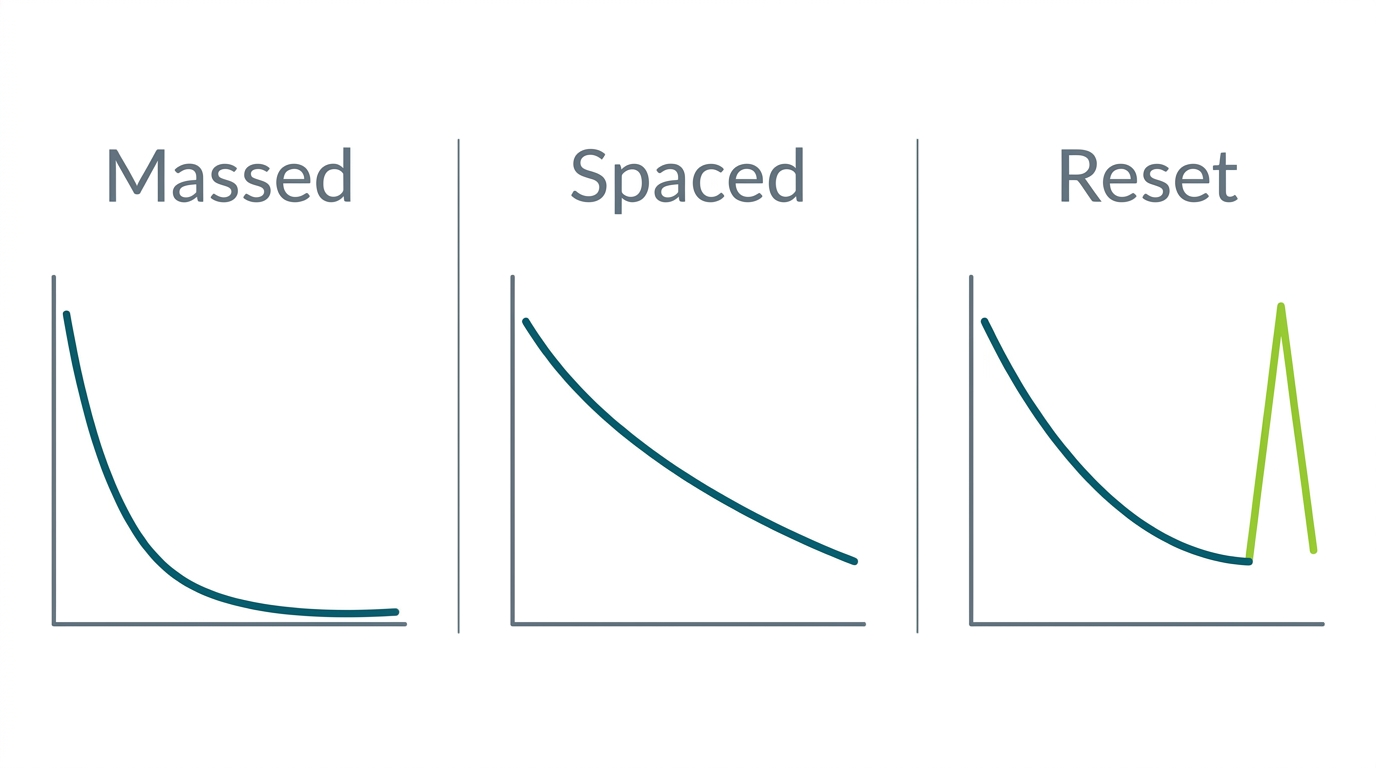 Three mitigation strategies — spaced repetition slowing the decay curve, stimulus variation producing separate fresh curves, and periodic dishabituating events resetting the response level.
