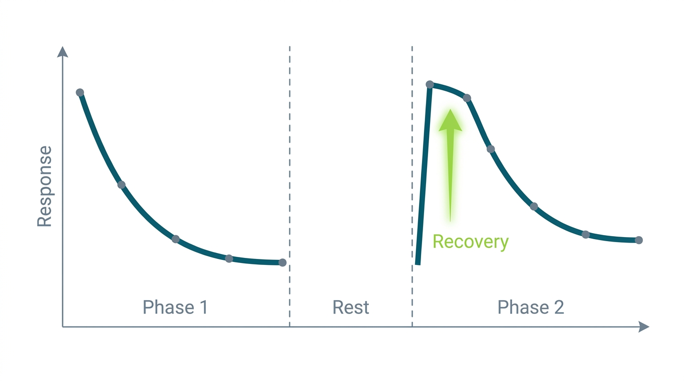 Graph showing response strength dropping across Phase 1 trials, then jumping back at the first Phase 2 trial after a rest period.