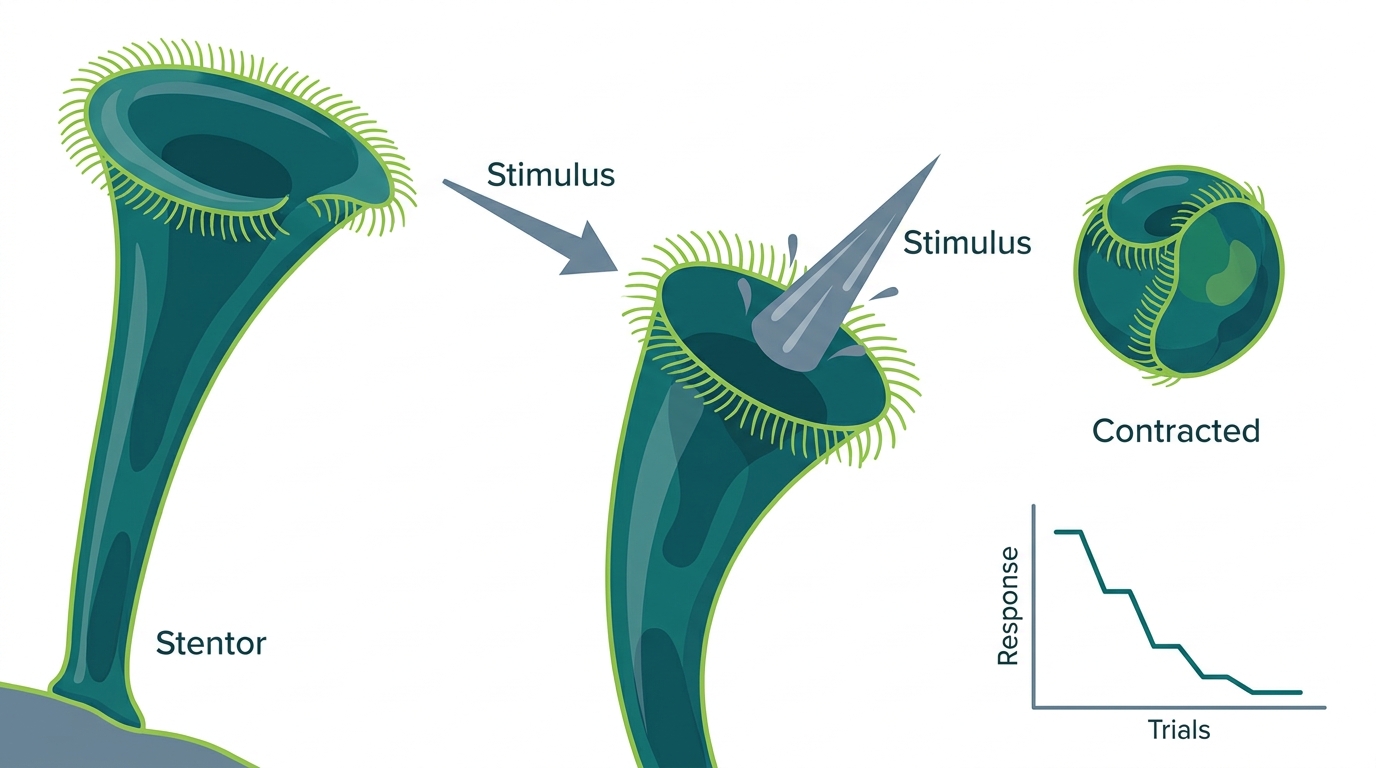 Stentor roeselii avoidance response declining over repeated water-jet trials, then recovering after rest, and snapping back after a sharp novel stimulus.
