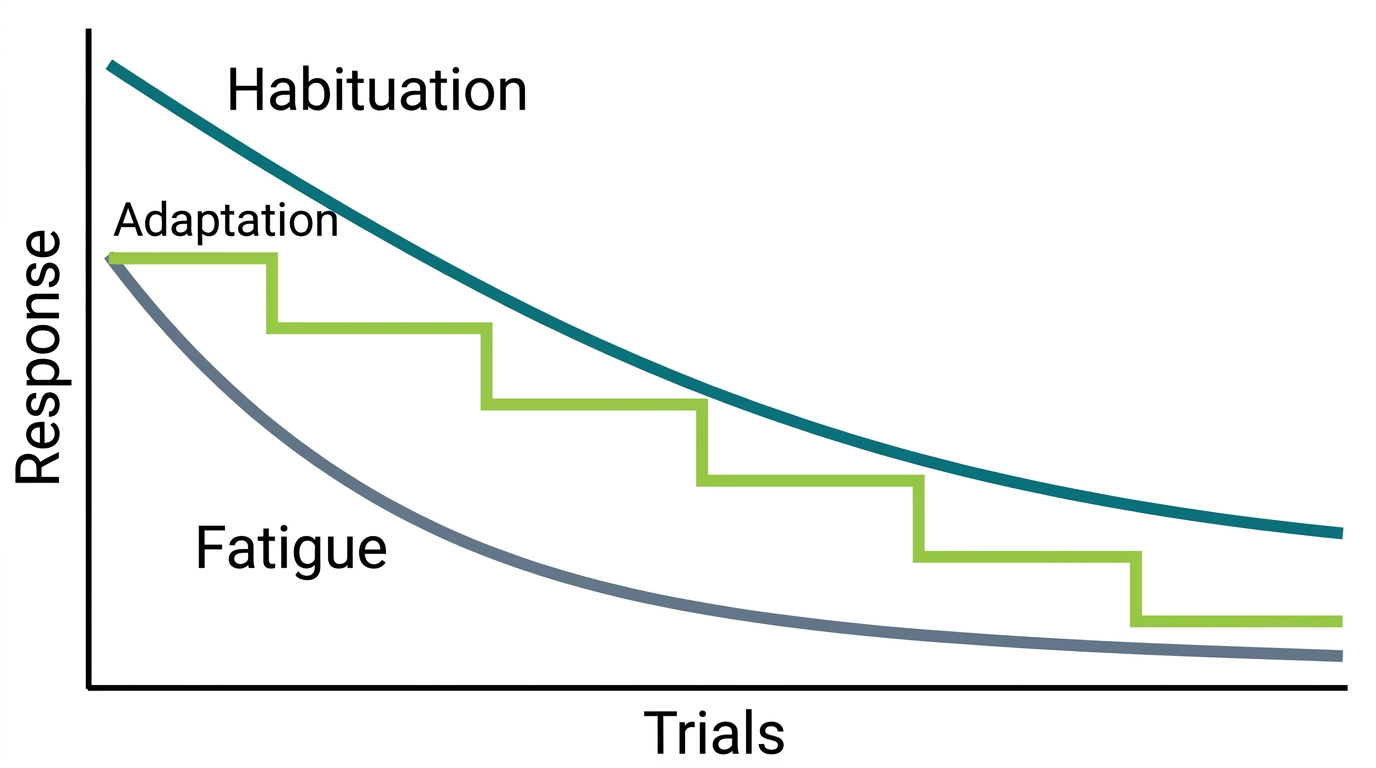 Three curves comparing habituation, fatigue, and sensory adaptation across trials and a rest period.