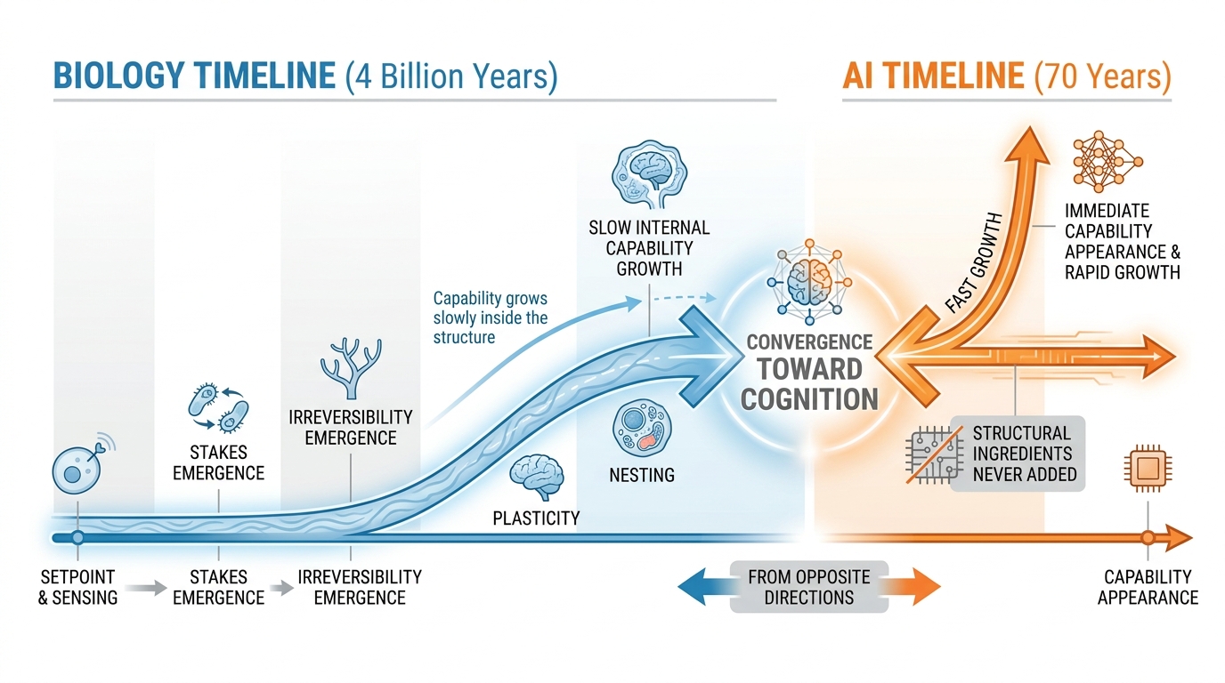 Two parallel timelines — biology starting with structure (setpoint, sensing, stakes) over billions of years and capability growing inside it; AI starting with capability immediately and structure never added.