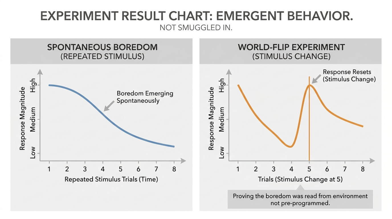 Chart showing the boredom experiment — a system given only the instruction "survive" developing avoidance of repeated stimuli that emerged from the survival constraint, not from explicit programming.