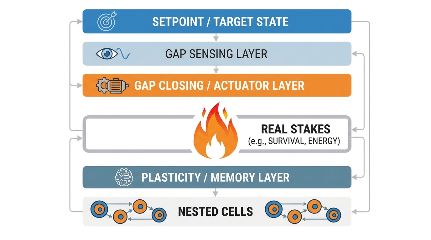 Opening infographic showing all six ingredients of basal cognition as a visual framework — target state, gap sensing, gap closing, real stakes, plasticity, and nesting — arranged in a layered architecture diagram.