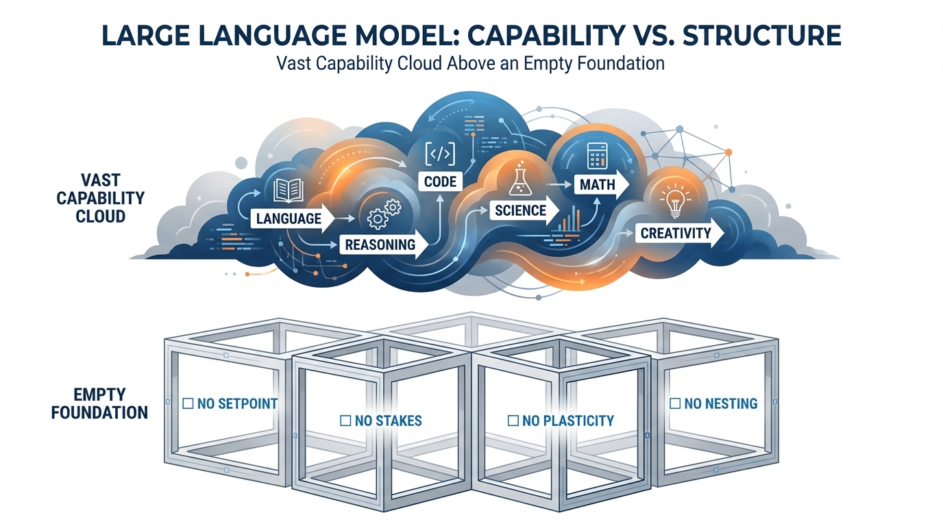 Diagram of an LLM agent showing its enormous capability space — language, reasoning, code, science — floating above a completely empty structural foundation: no setpoint, no stakes, no plasticity.