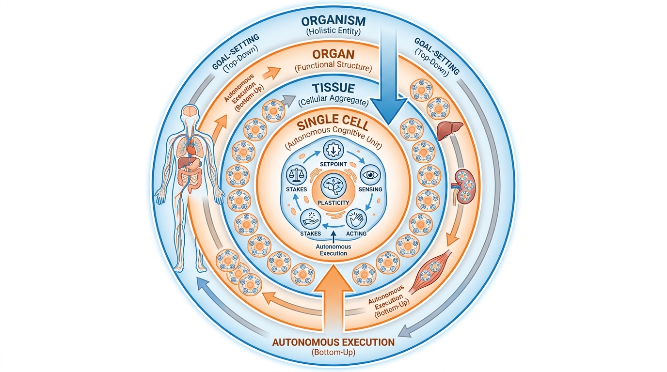 Nested diagram showing cells doing all five cognitive operations inside tissues, tissues doing them inside organs, organs doing them inside the organism — each level autonomous, each level reporting up.