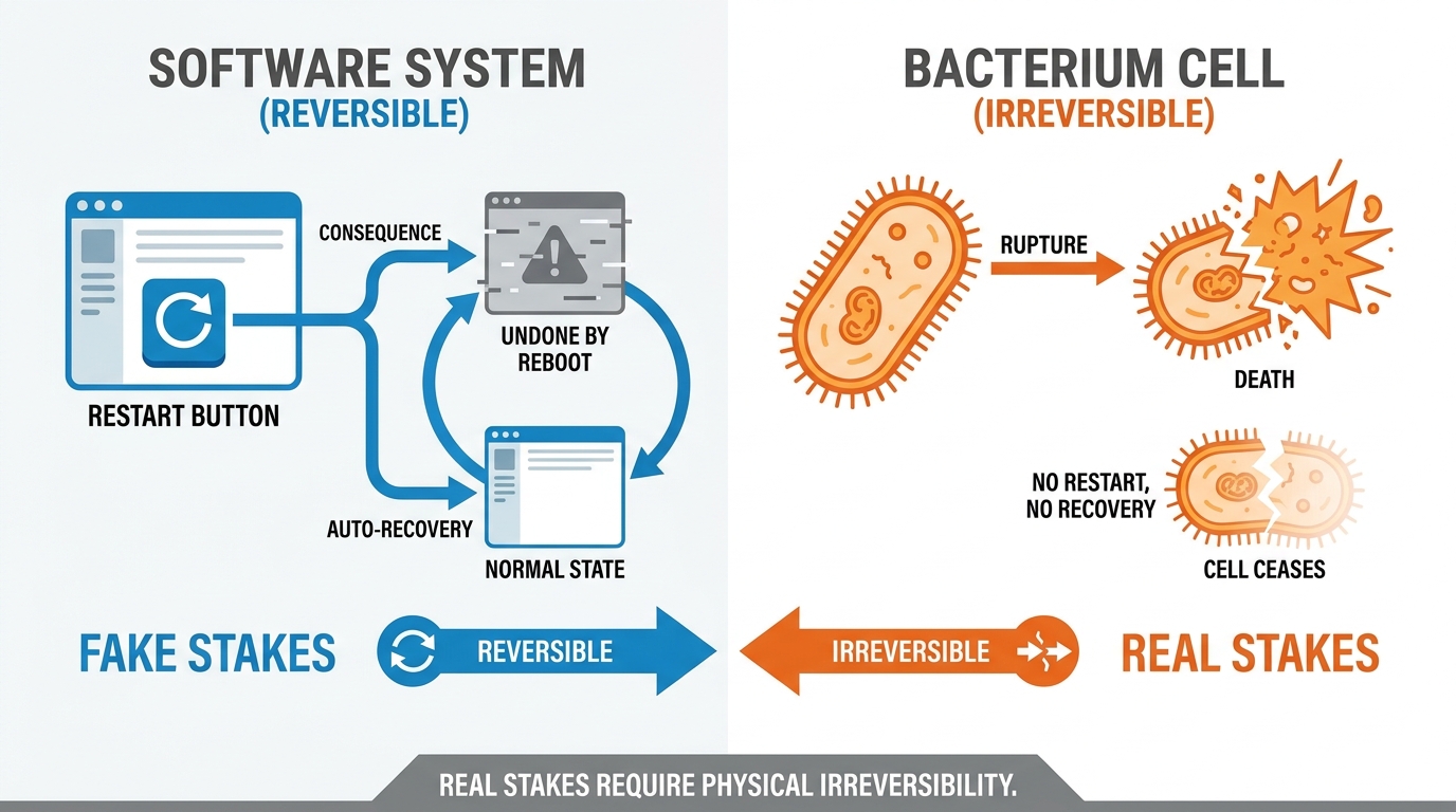 Diagram contrasting a restartable system (software with a reset button) against an irreversible biological system — the bacterium that fails simply dies, with no recovery path.