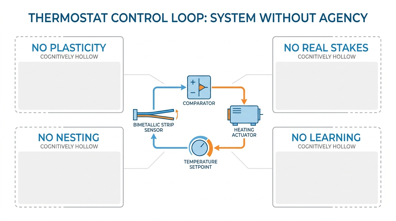 Diagram of a thermostat showing it has a setpoint and a sensor and an actuator but zero capability beyond temperature — structurally present, cognitively hollow.