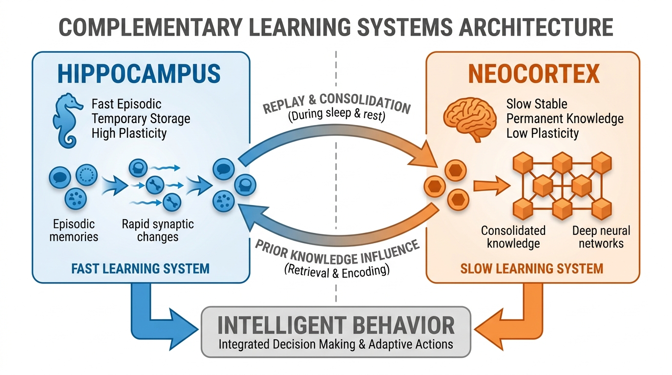 Complementary Learning Systems diagram — fast hippocampus (episodic, temporary) and slow neocortex (stable, permanent) as two separate tracks converging on intelligent behavior.