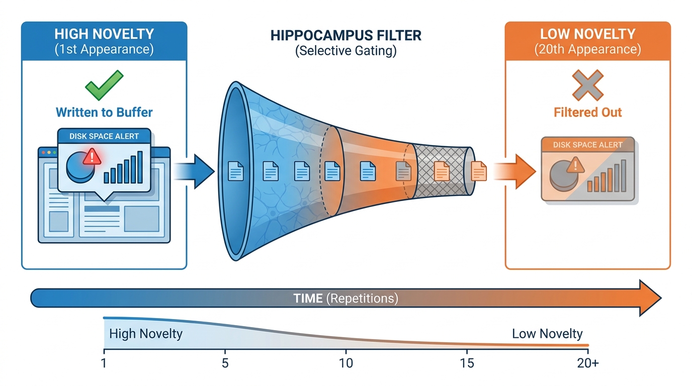 Novelty filter diagram — first alert (high novelty, written to buffer) vs repeated alert (low novelty, ignored) — the hippocampus becoming selective over time.