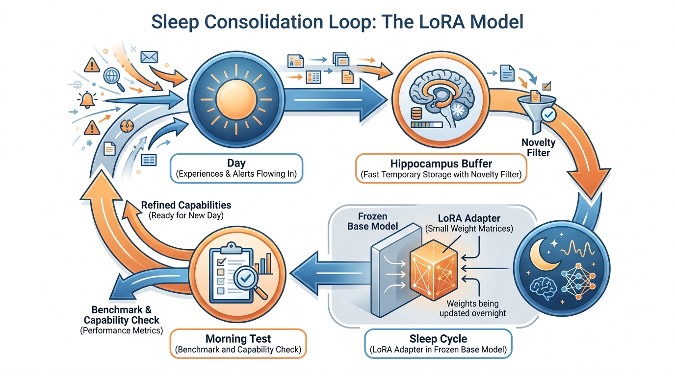 The full sleep-consolidation loop — day experiences flow into the hippocampus buffer, sleep trains the LoRA adapter, morning test checks if the weights moved.