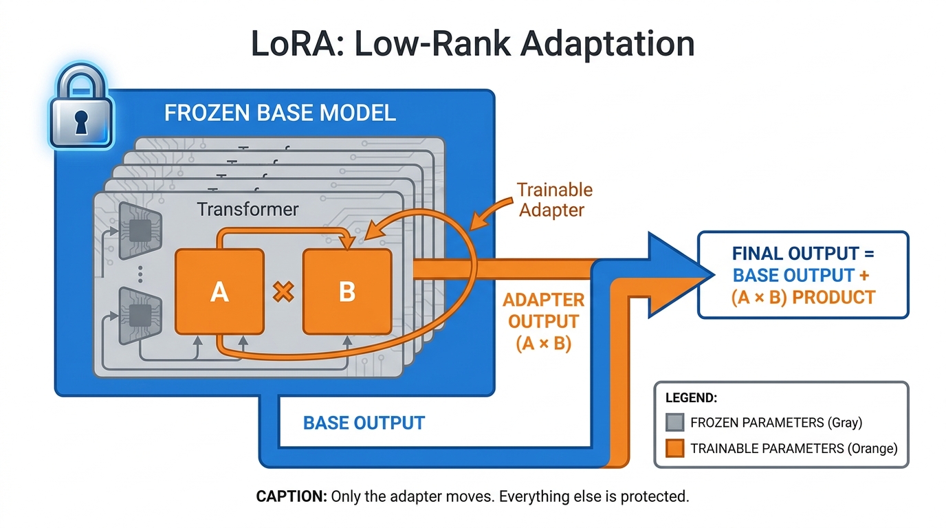 LoRA adapter diagram showing two small matrices inserted into a frozen base model — the neocortex equivalent, the only part that is allowed to change.