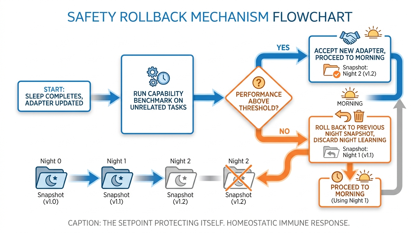 The rollback mechanism — capability benchmark runs after every sleep, automatic rollback to previous night's adapter snapshot if performance drops past threshold.