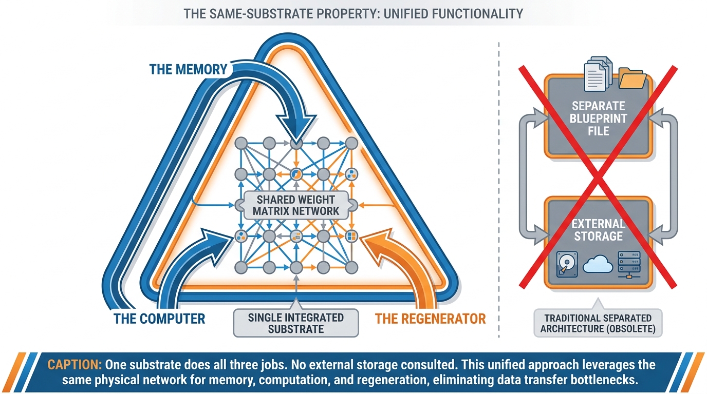The same-substrate property — the weight matrix is the memory, the thing that computes, and the thing that regenerates the memory — no separate blueprint file exists.