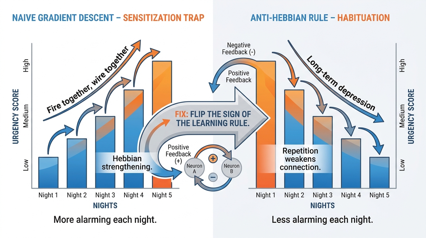 The Hebbian trap — naive gradient descent strengthens repeated inputs producing sensitization, versus the anti-Hebbian rule that weakens repeated low-salience inputs producing habituation.