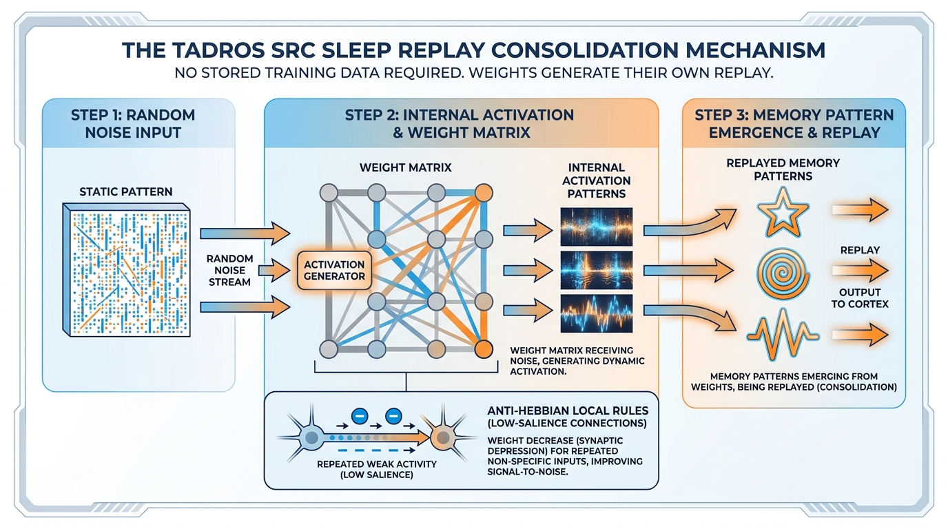 The Tadros SRC mechanism — noise fed into weight matrix, weights generate their own replay patterns, memories consolidate without any stored training data.