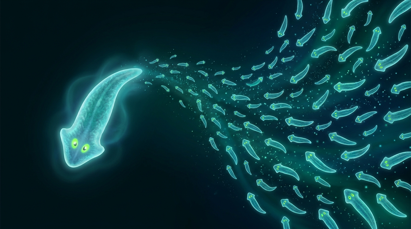 A planarian flatworm being cut and each fragment regenerating into a complete worm, with a final panel showing each worm intact and stopped.