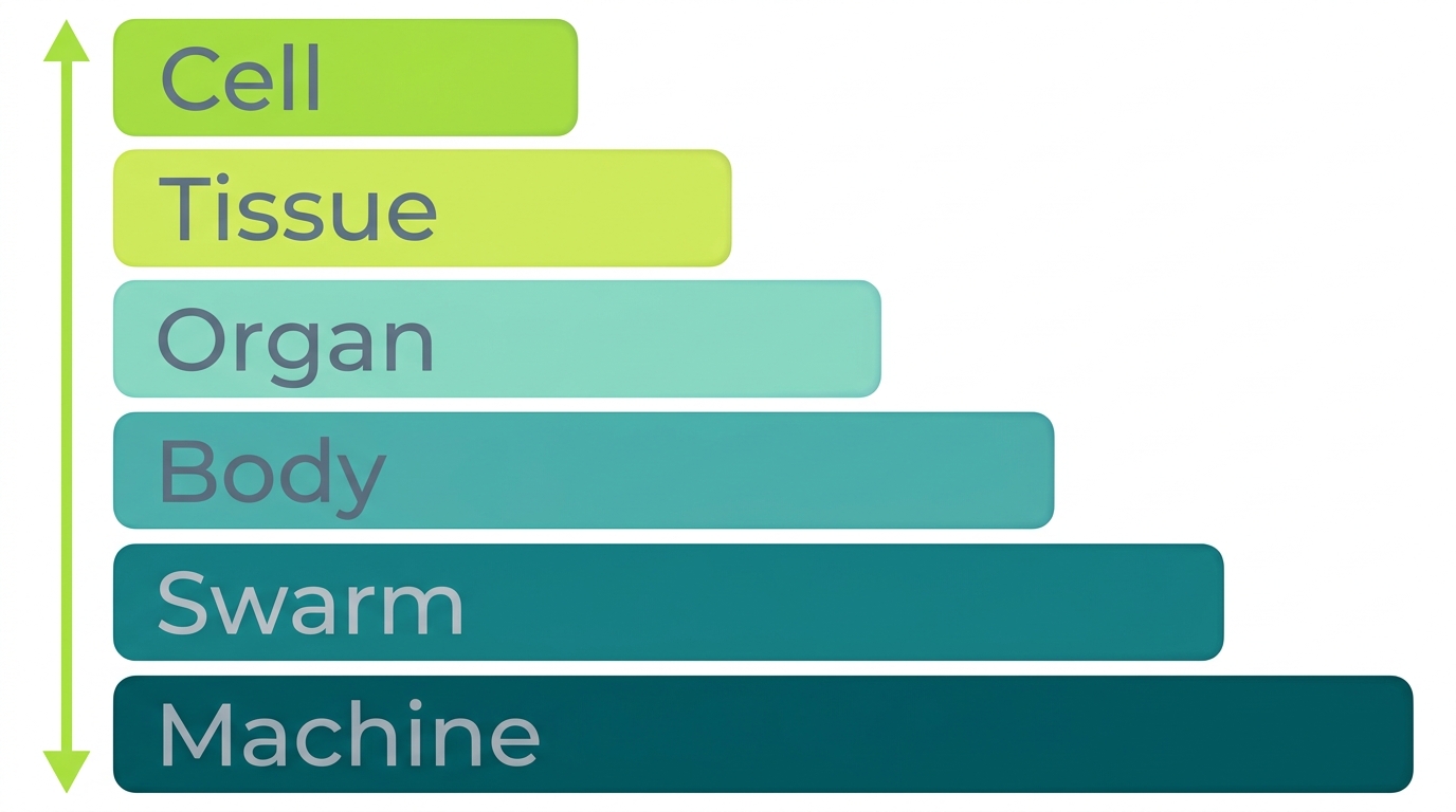 A vertical scale from single molecule at the bottom through cell, tissue, organ, organism, and network at the top, with each level labeled with the corresponding TAME concept.