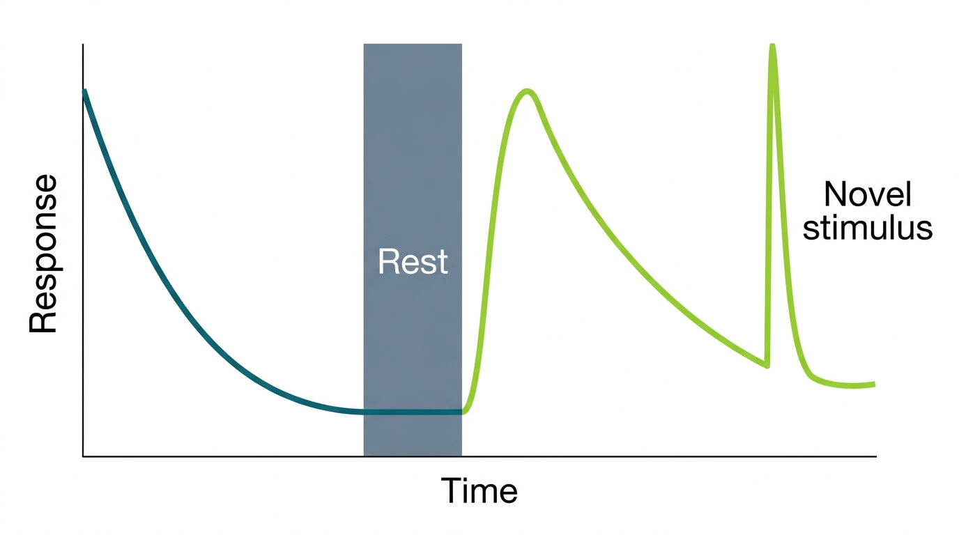 A response-magnitude curve that starts high, declines across repeated identical stimuli, recovers after a rest period, and spikes again after a novel stimulus is introduced.